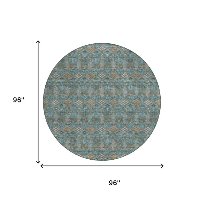 8' Teal Blue And Charcoal Round Geometric Washable Indoor Outdoor Area Rug Homeroots Outdoor