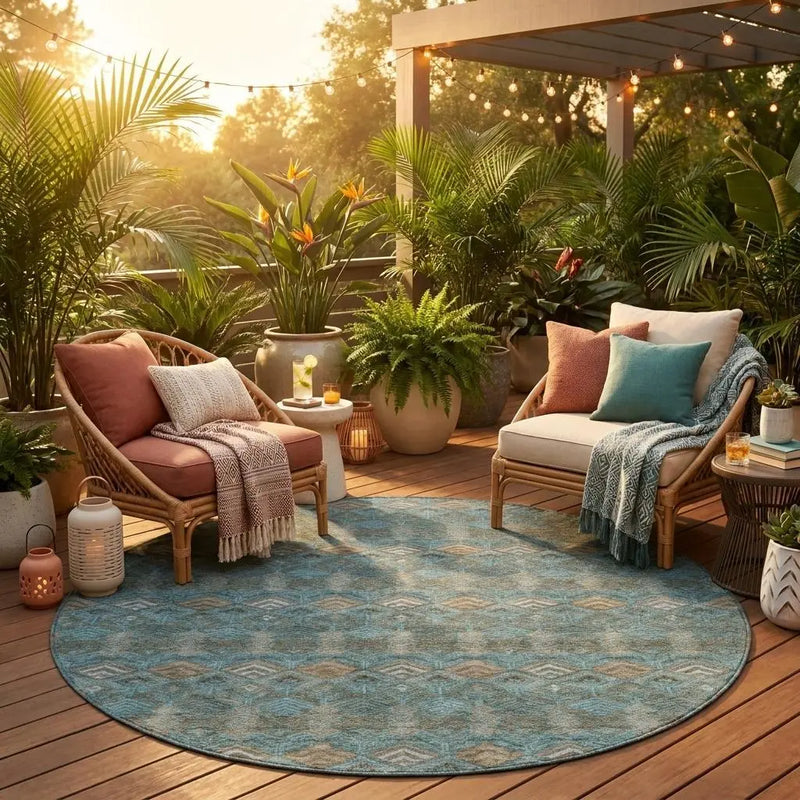 8' Teal Blue And Charcoal Round Geometric Washable Indoor Outdoor Area Rug Homeroots Outdoor