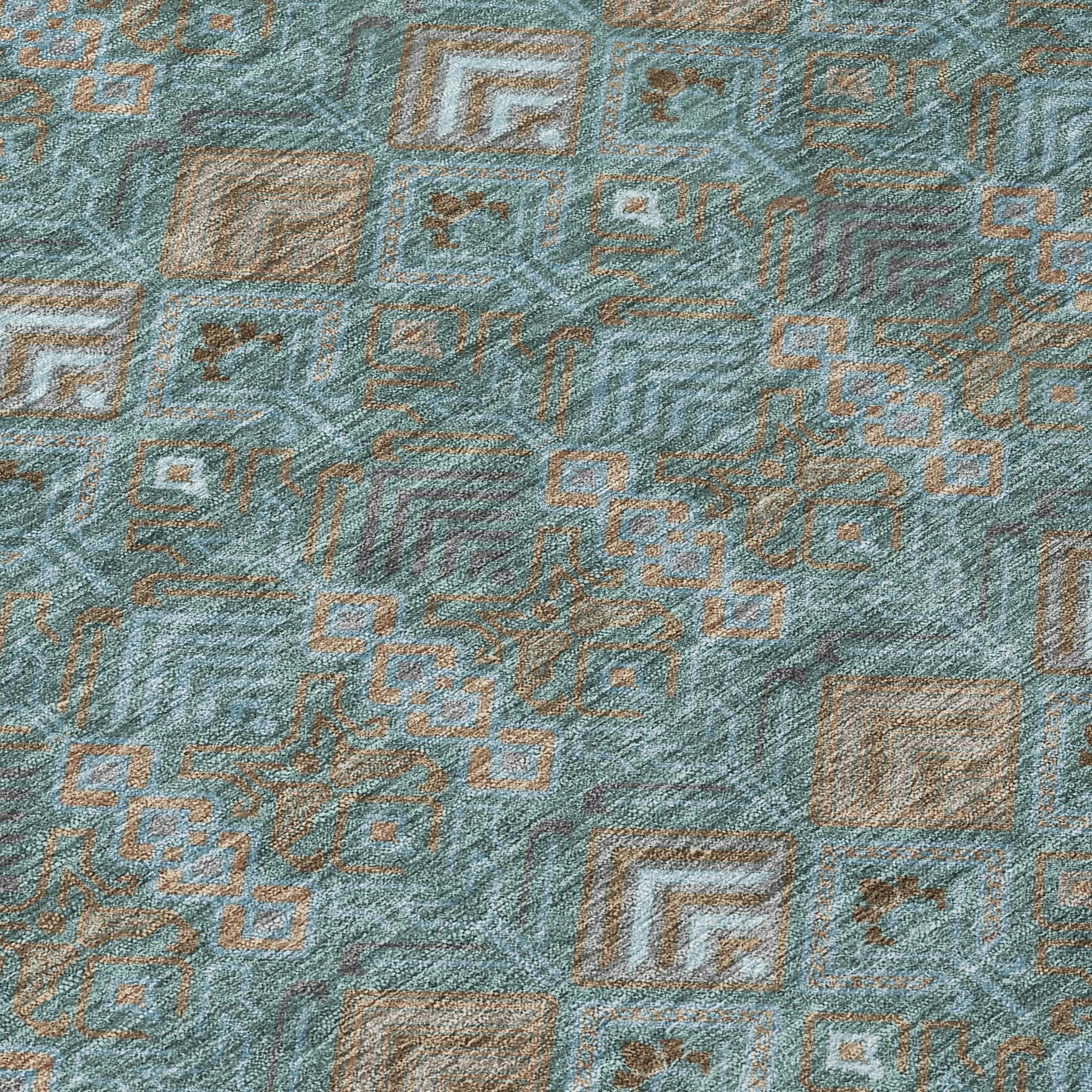 8' Teal Blue And Charcoal Round Geometric Washable Indoor Outdoor Area Rug Homeroots Outdoor