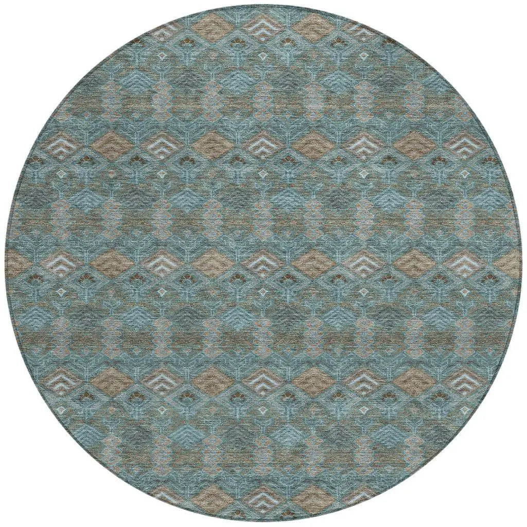 8' Teal Blue And Charcoal Round Geometric Washable Indoor Outdoor Area Rug Homeroots Outdoor