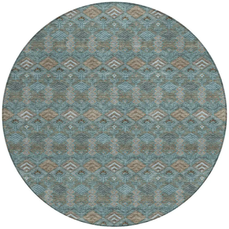 8' Teal Blue And Charcoal Round Geometric Washable Indoor Outdoor Area Rug Homeroots Outdoor