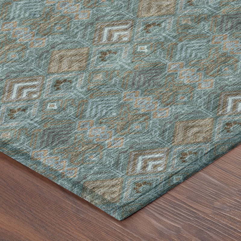 8' Teal Blue And Charcoal Round Geometric Washable Indoor Outdoor Area Rug Homeroots Outdoor