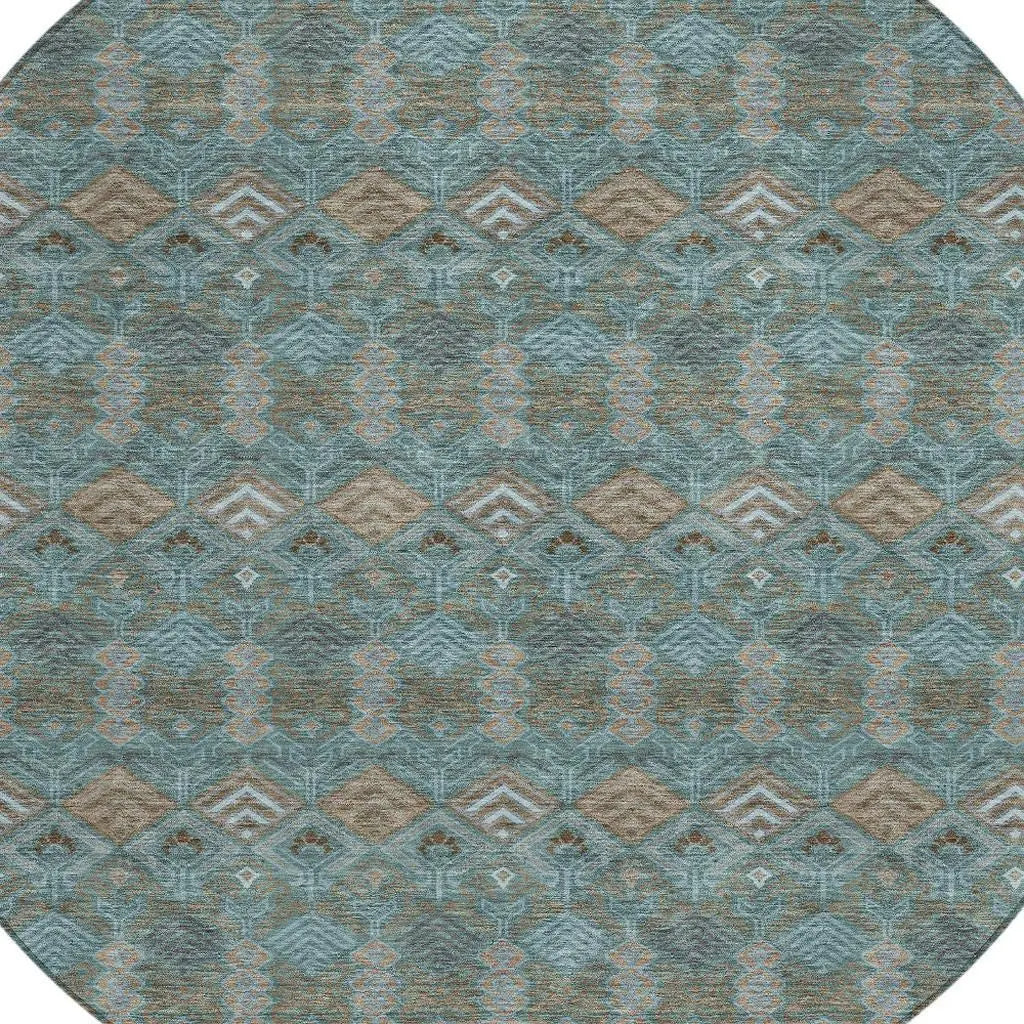 8' Teal Blue And Charcoal Round Geometric Washable Indoor Outdoor Area Rug Homeroots Outdoor