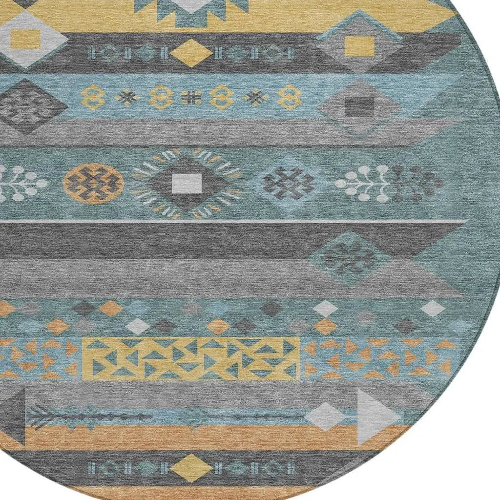 8' Teal Blue And Copper Round Geometric Washable Indoor Outdoor Area Rug Homeroots Outdoor