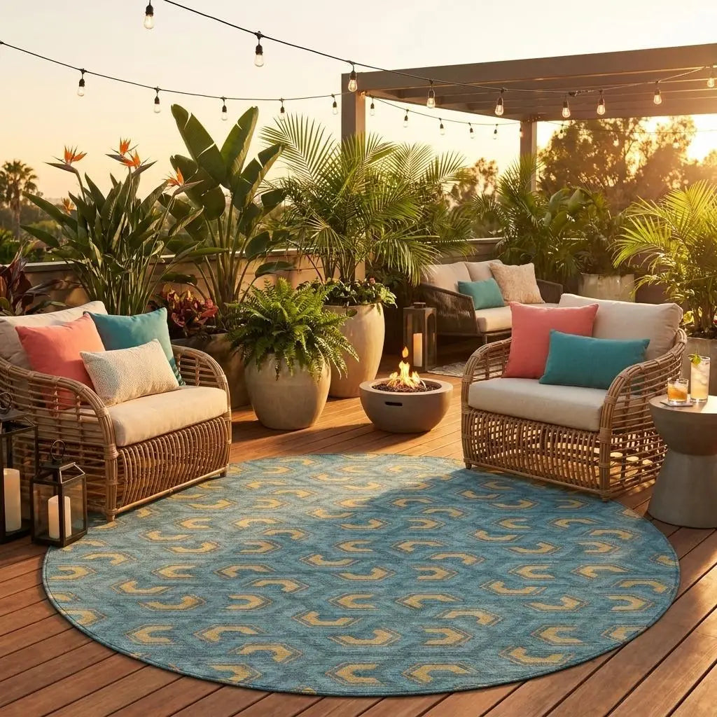 8' Teal Blue And Copper Round Geometric Washable Indoor Outdoor Area Rug Homeroots Outdoor
