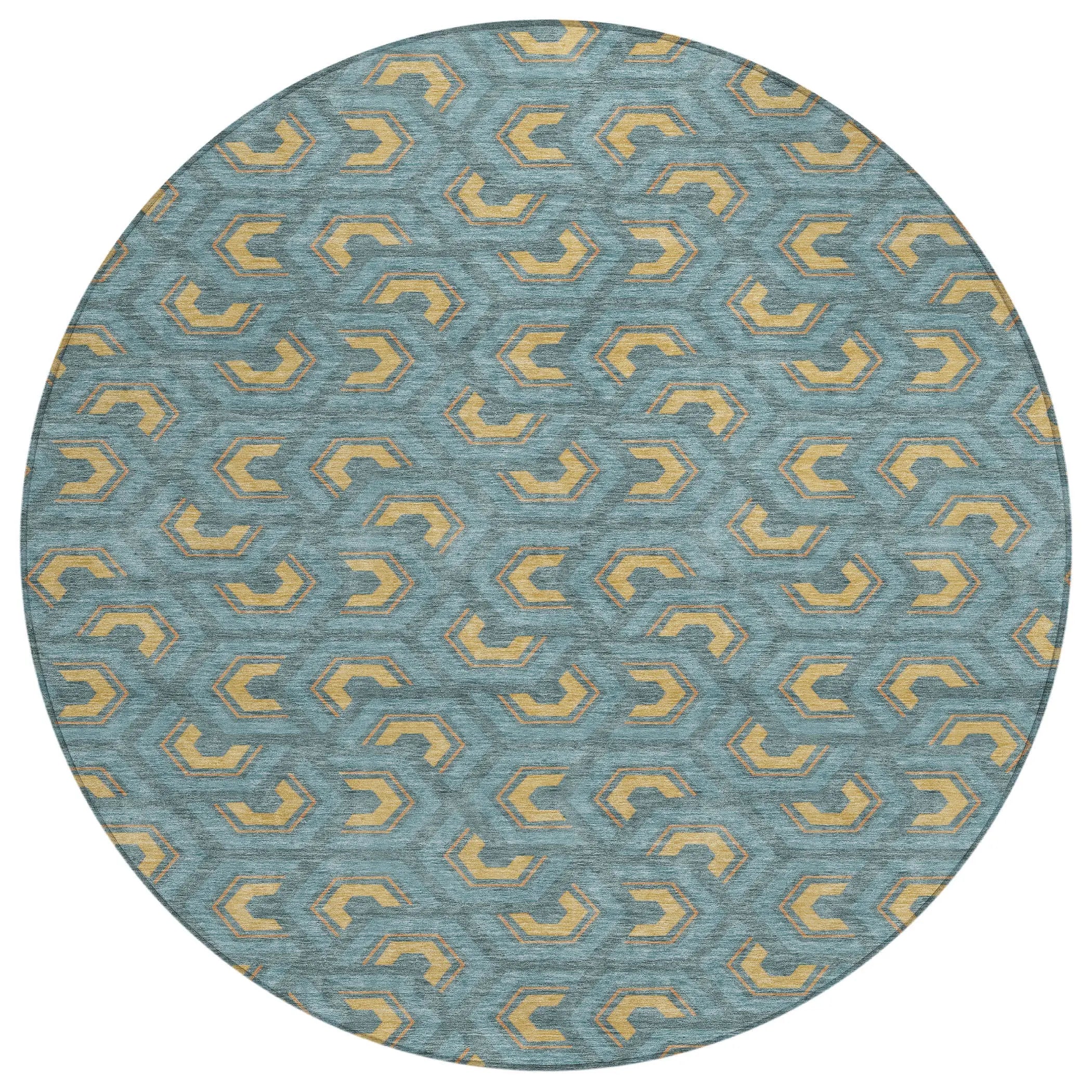 8' Teal Blue And Copper Round Geometric Washable Indoor Outdoor Area Rug Homeroots Outdoor