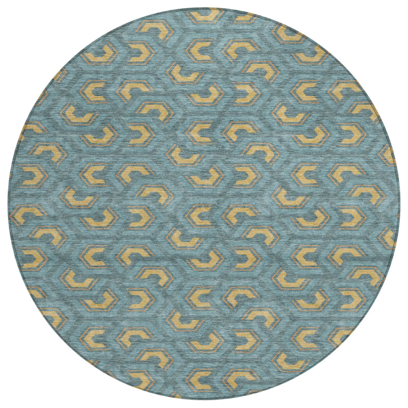 8' Teal Blue And Copper Round Geometric Washable Indoor Outdoor Area Rug Homeroots Outdoor