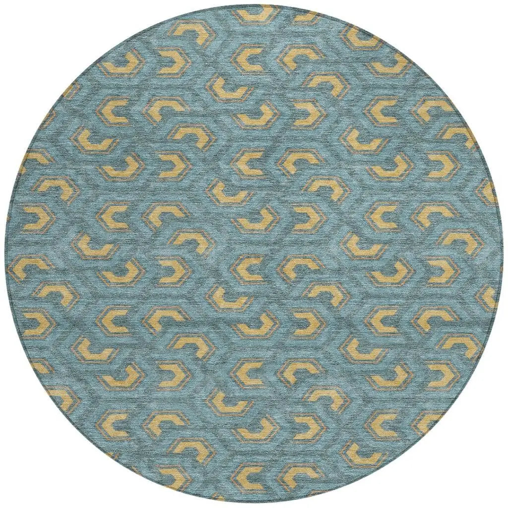 8' Teal Blue And Copper Round Geometric Washable Indoor Outdoor Area Rug Homeroots Outdoor
