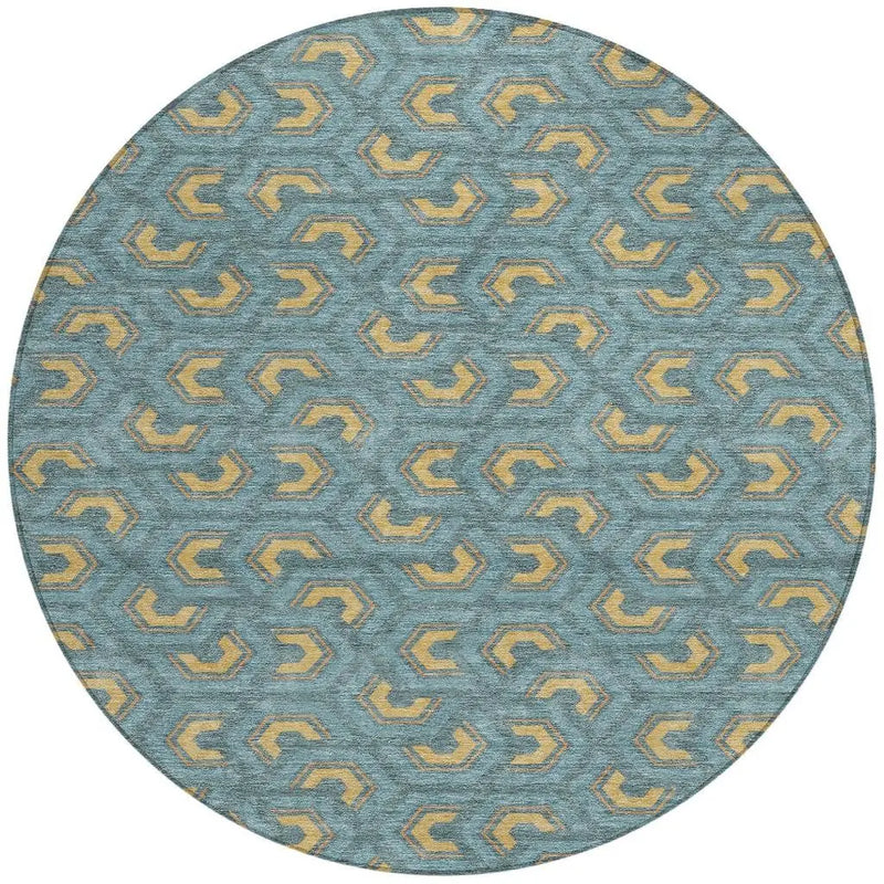 8' Teal Blue And Copper Round Geometric Washable Indoor Outdoor Area Rug Homeroots Outdoor