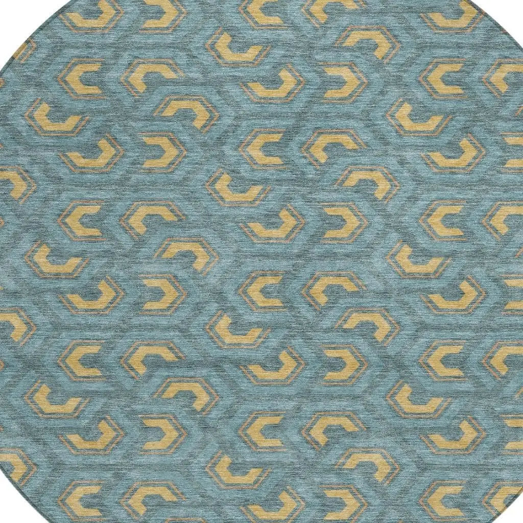 8' Teal Blue And Copper Round Geometric Washable Indoor Outdoor Area Rug Homeroots Outdoor