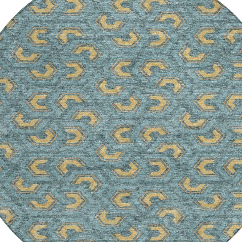 8' Teal Blue And Copper Round Geometric Washable Indoor Outdoor Area Rug Homeroots Outdoor