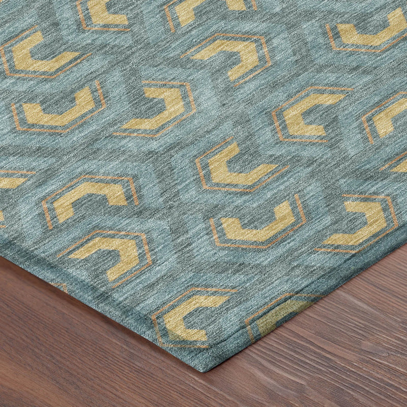 8' Teal Blue And Copper Round Geometric Washable Indoor Outdoor Area Rug Homeroots Outdoor