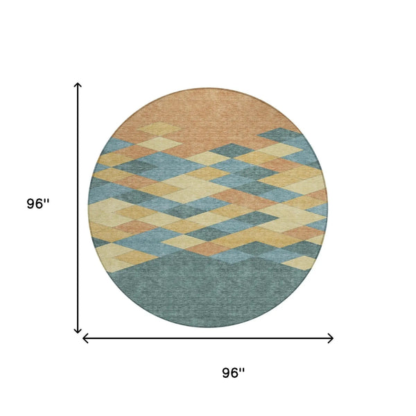 8' Teal Blue And Copper Round Geometric Washable Indoor Outdoor Area Rug Homeroots Outdoor