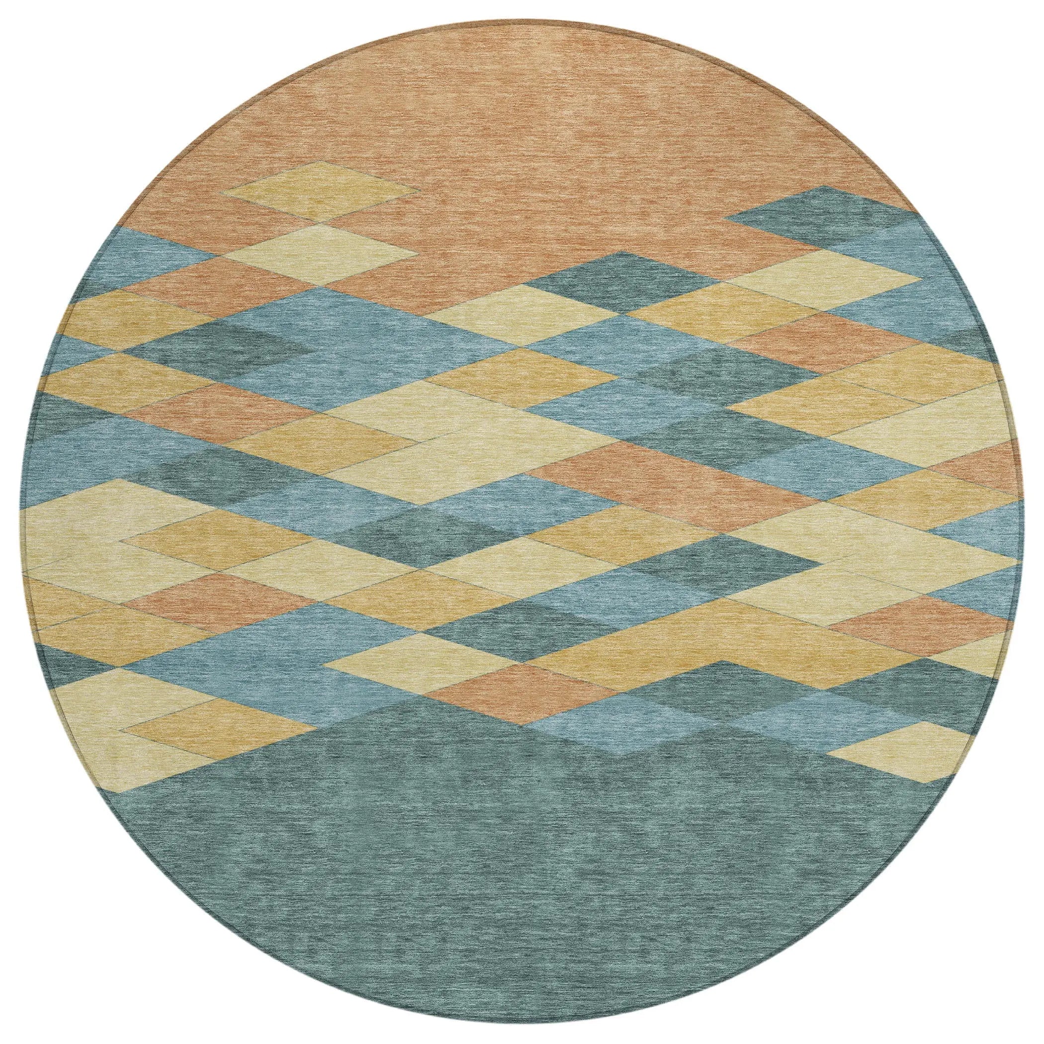 8' Teal Blue And Copper Round Geometric Washable Indoor Outdoor Area Rug Homeroots Outdoor
