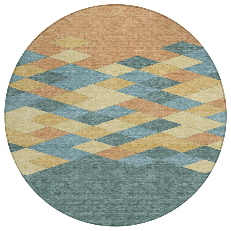 8' Teal Blue And Copper Round Geometric Washable Indoor Outdoor Area Rug Homeroots Outdoor