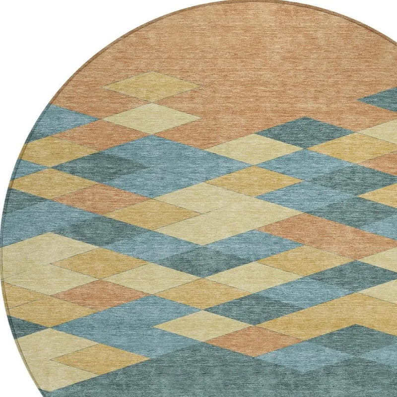 8' Teal Blue And Copper Round Geometric Washable Indoor Outdoor Area Rug Homeroots Outdoor