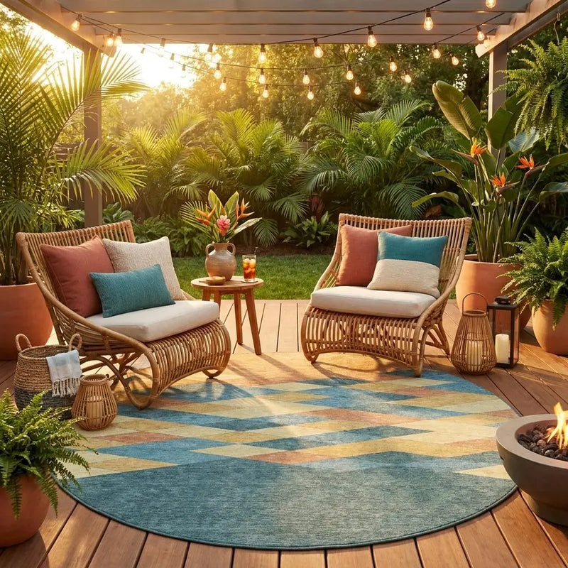 8' Teal Blue And Copper Round Geometric Washable Indoor Outdoor Area Rug Homeroots Outdoor