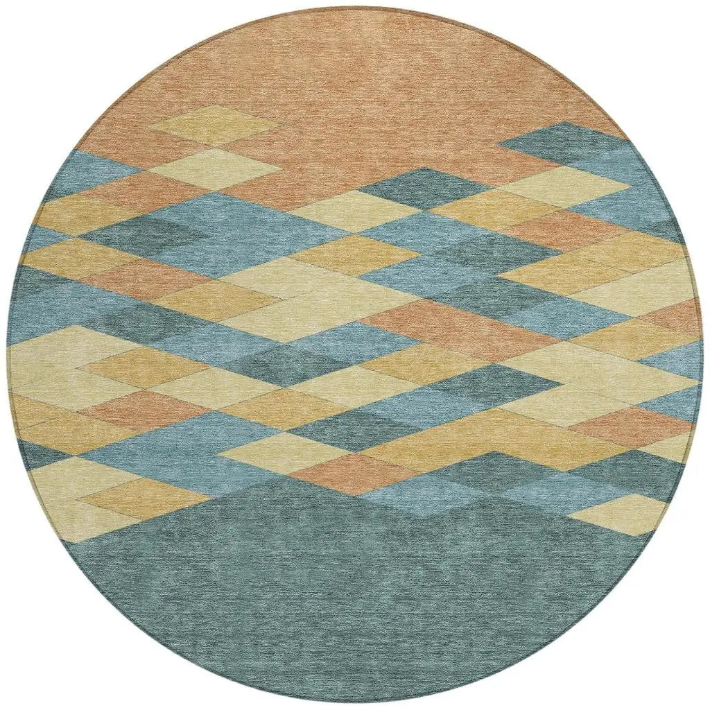 8' Teal Blue And Copper Round Geometric Washable Indoor Outdoor Area Rug Homeroots Outdoor