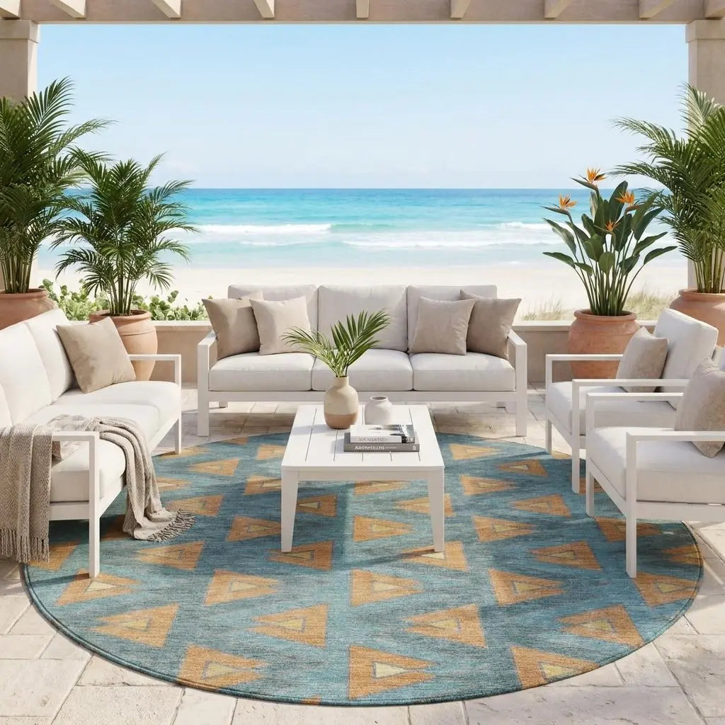 8' Teal Blue And Copper Round Geometric Washable Indoor Outdoor Area Rug Homeroots Outdoor