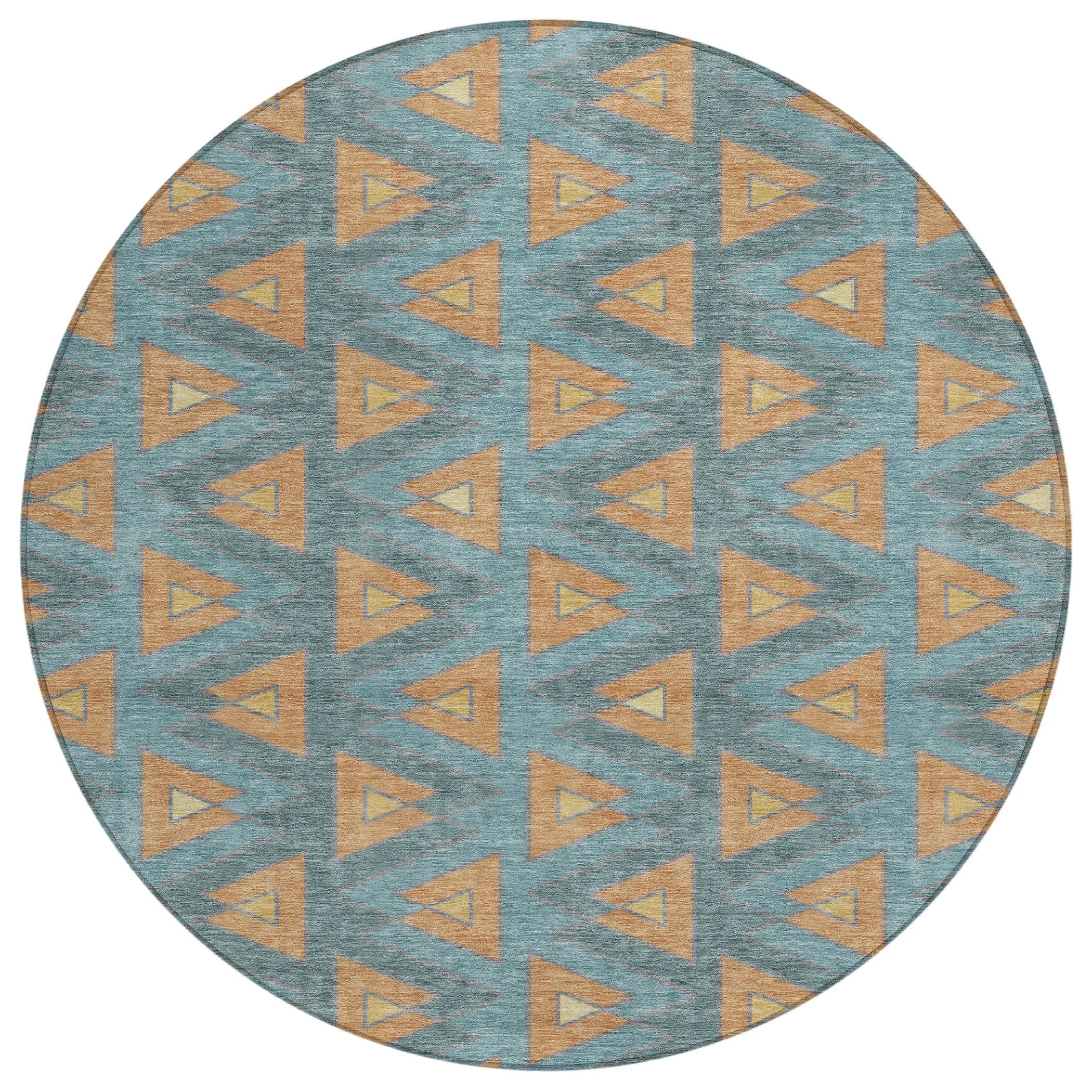 8' Teal Blue And Copper Round Geometric Washable Indoor Outdoor Area Rug Homeroots Outdoor