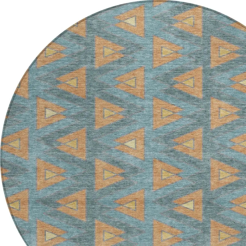 8' Teal Blue And Copper Round Geometric Washable Indoor Outdoor Area Rug Homeroots Outdoor