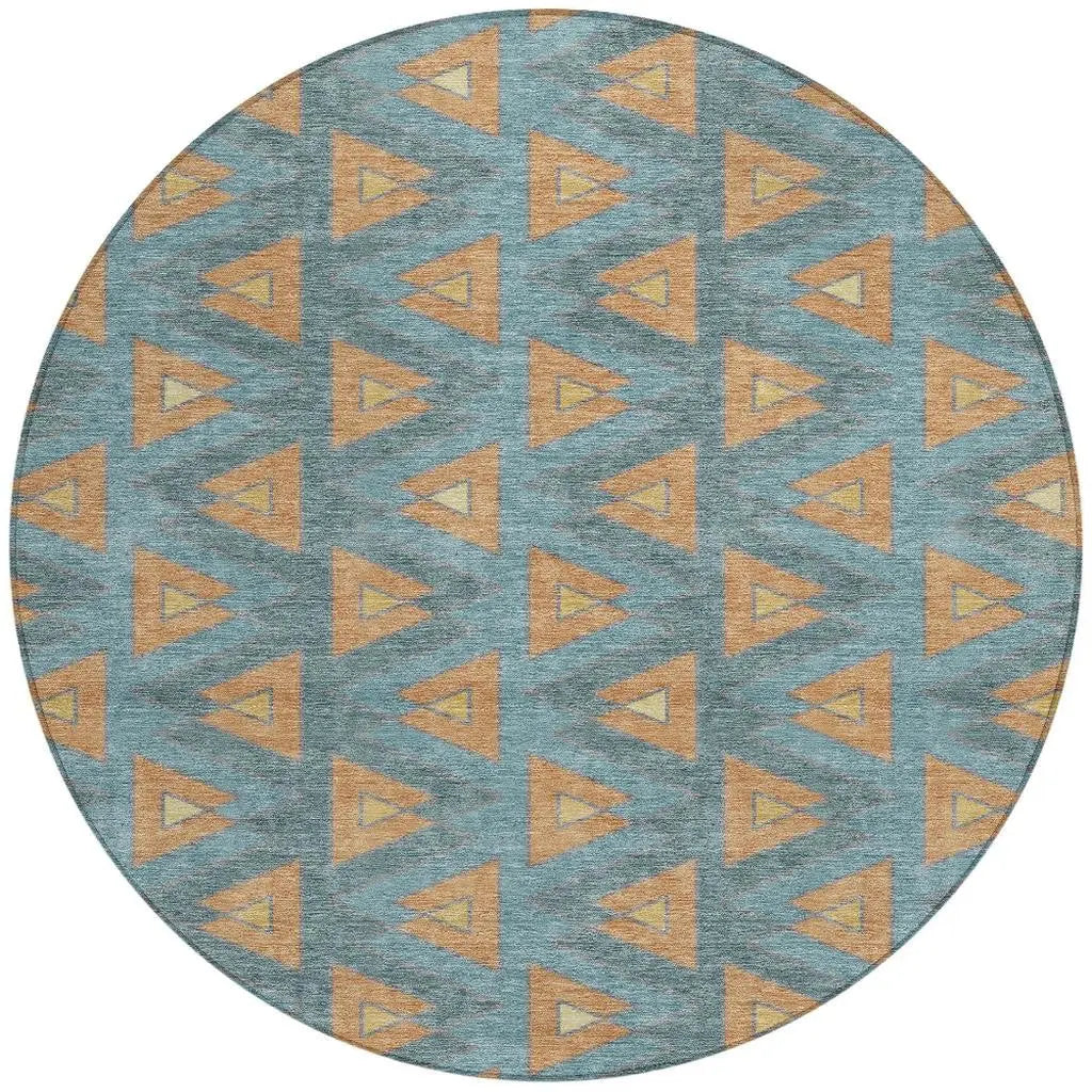 8' Teal Blue And Copper Round Geometric Washable Indoor Outdoor Area Rug Homeroots Outdoor