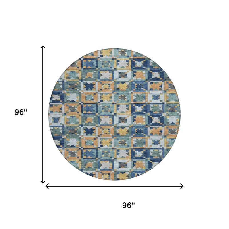 8' Teal Blue And Copper Round Patchwork Washable Indoor Outdoor Area Rug Homeroots Outdoor
