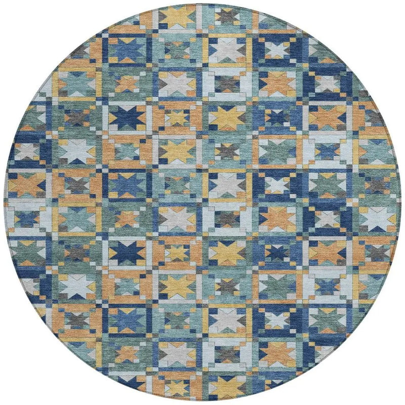 8' Teal Blue And Copper Round Patchwork Washable Indoor Outdoor Area Rug Homeroots Outdoor