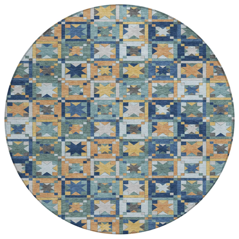 8' Teal Blue And Copper Round Patchwork Washable Indoor Outdoor Area Rug Homeroots Outdoor