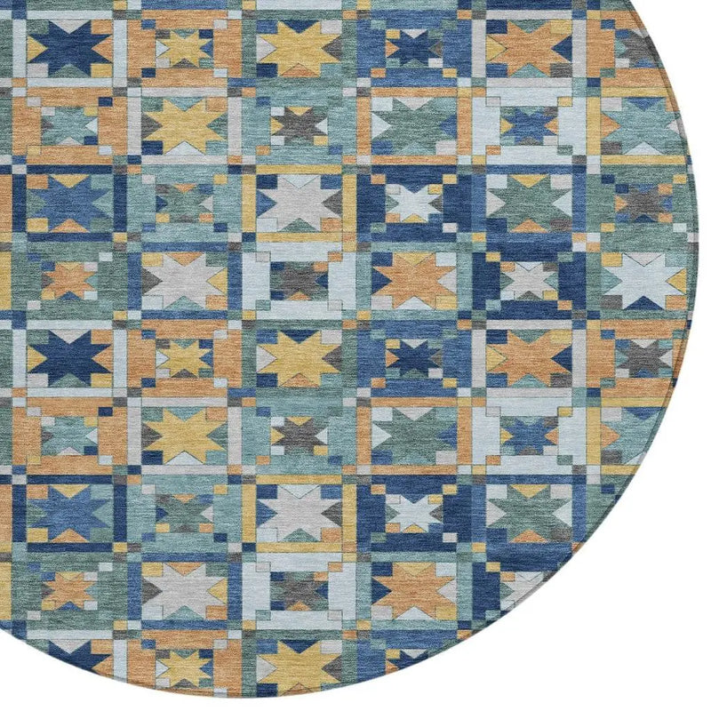 8' Teal Blue And Copper Round Patchwork Washable Indoor Outdoor Area Rug Homeroots Outdoor