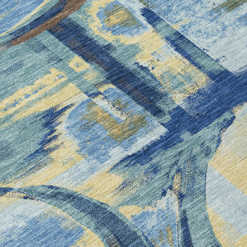 8' Teal Blue And Denim Blue Round Abstract Washable Indoor Outdoor Area Rug Homeroots Outdoor