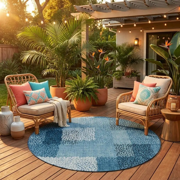 8' Teal Blue And Denim Blue Round Abstract Washable Indoor Outdoor Area Rug Homeroots Outdoor