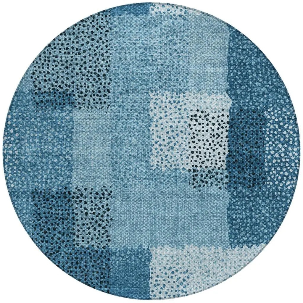 8' Teal Blue And Denim Blue Round Abstract Washable Indoor Outdoor Area Rug Homeroots Outdoor