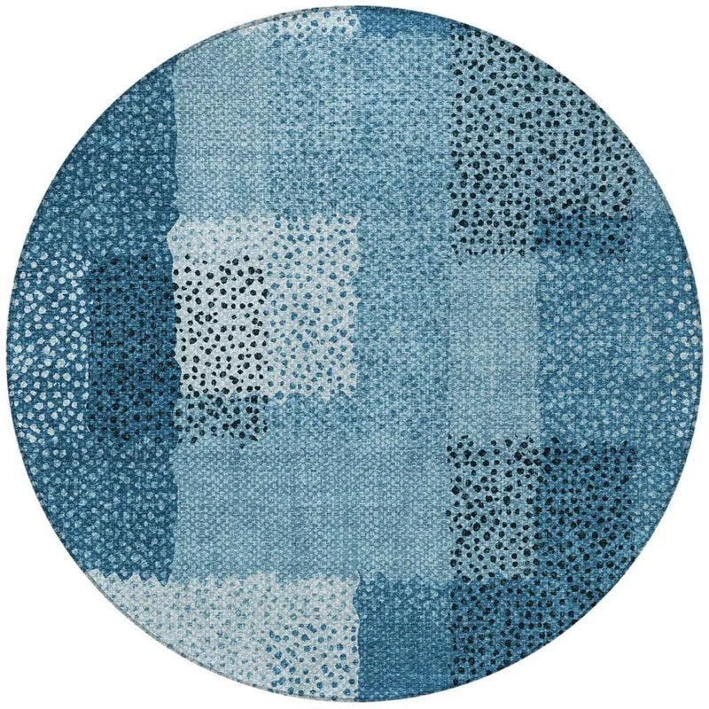 8' Teal Blue And Denim Blue Round Abstract Washable Indoor Outdoor Area Rug Homeroots Outdoor