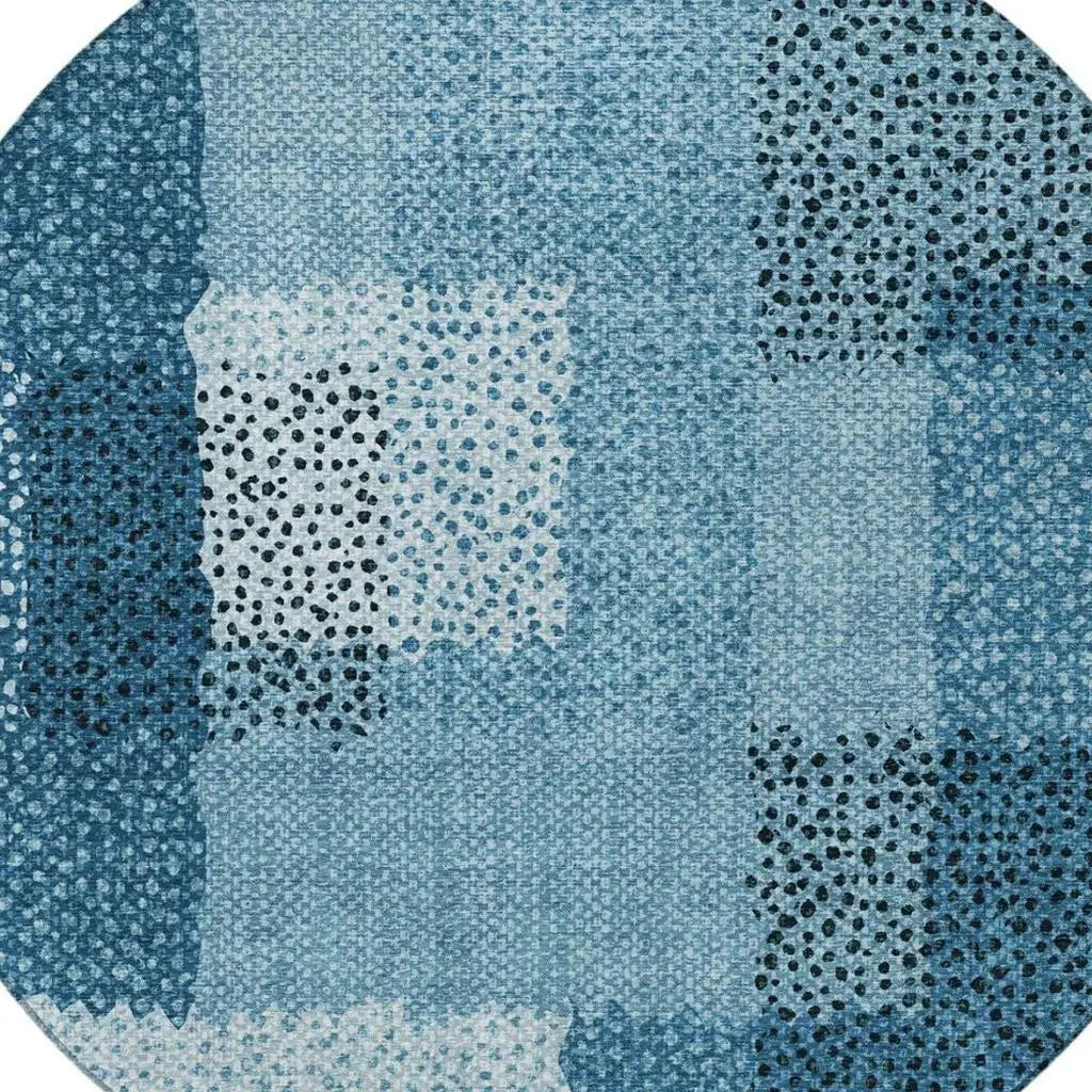 8' Teal Blue And Denim Blue Round Abstract Washable Indoor Outdoor Area Rug Homeroots Outdoor