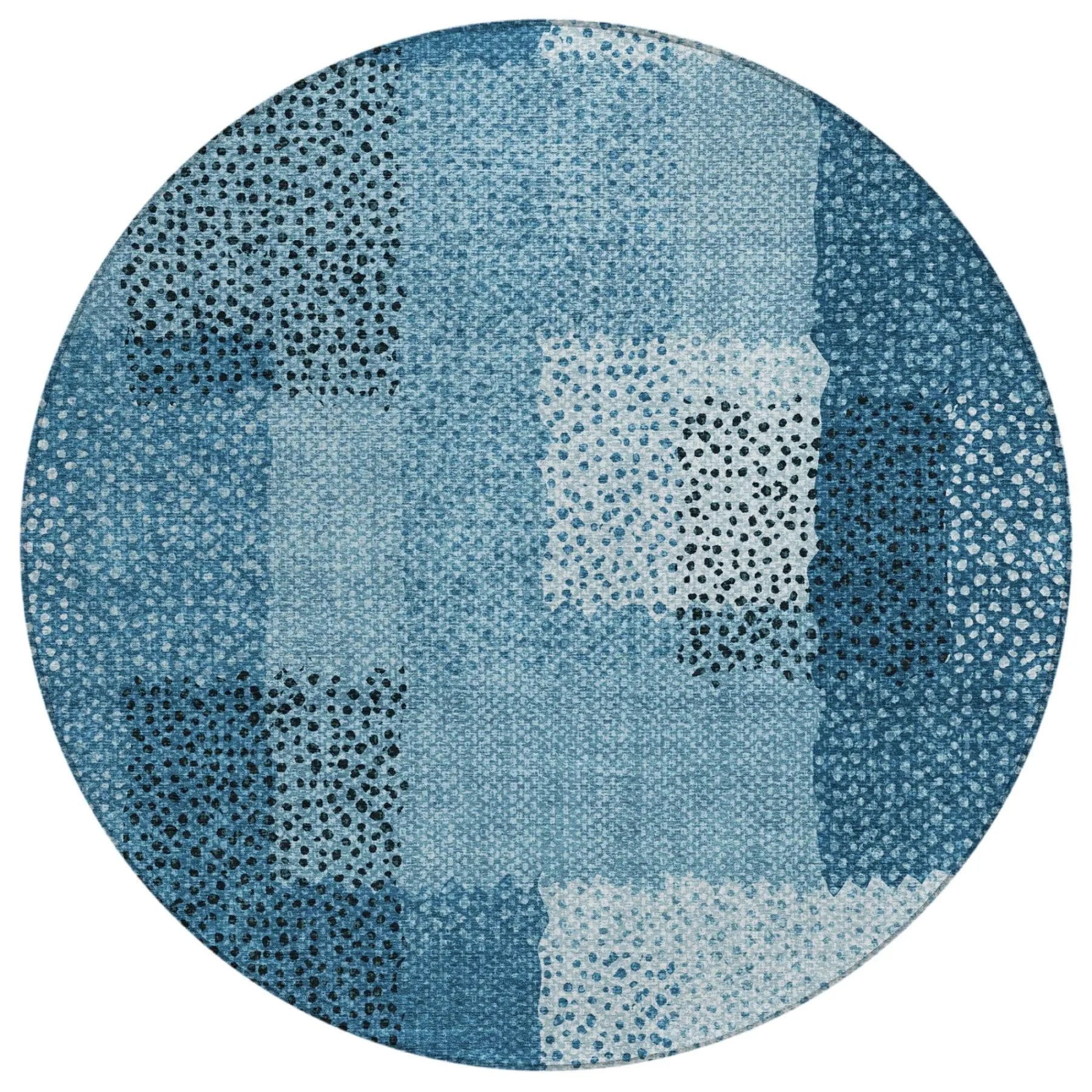 8' Teal Blue And Denim Blue Round Abstract Washable Indoor Outdoor Area Rug Homeroots Outdoor