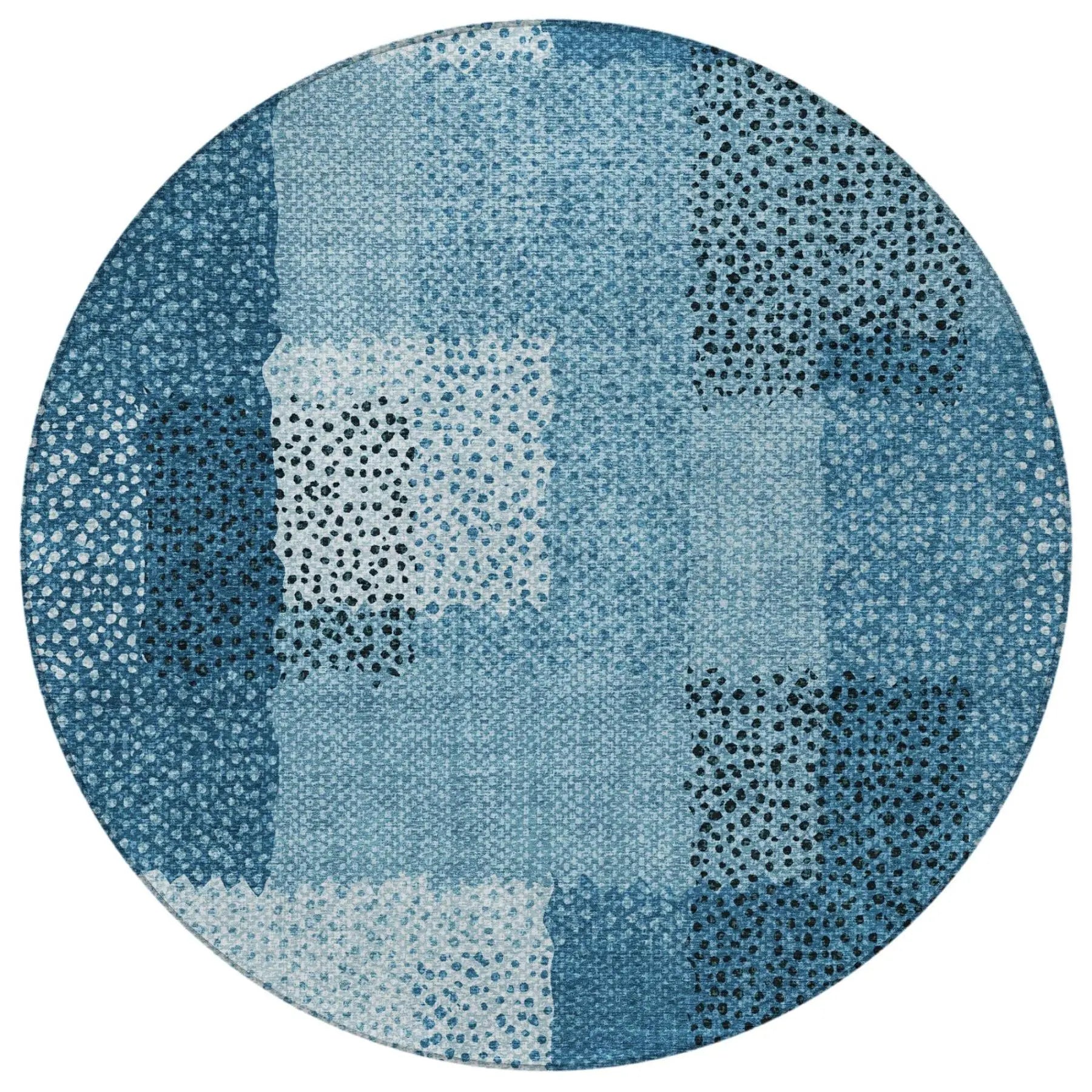 8' Teal Blue And Denim Blue Round Abstract Washable Indoor Outdoor Area Rug Homeroots Outdoor