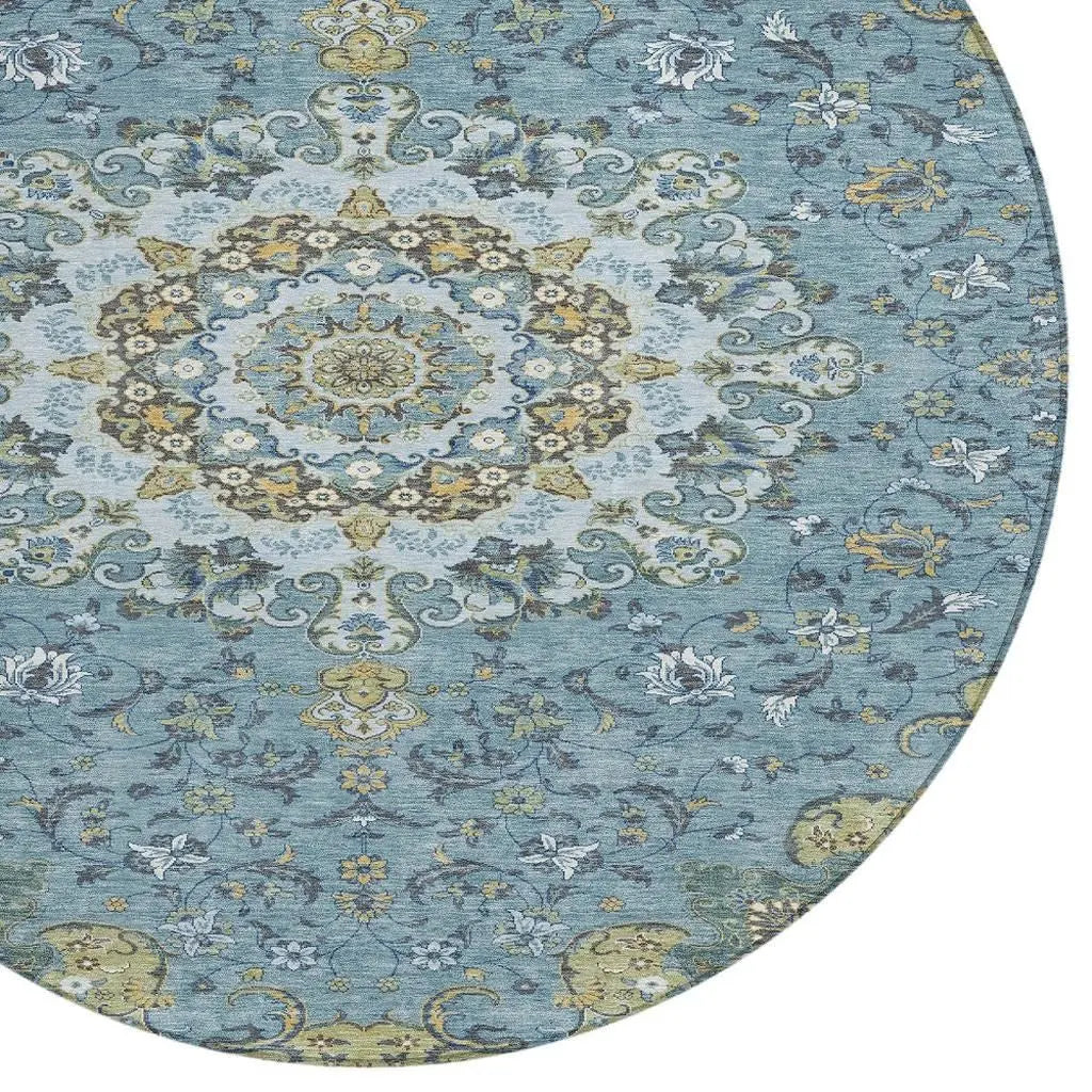 8' Teal Blue And Gold Round Floral Medallion Washable Indoor Outdoor Area Rug Homeroots Outdoor