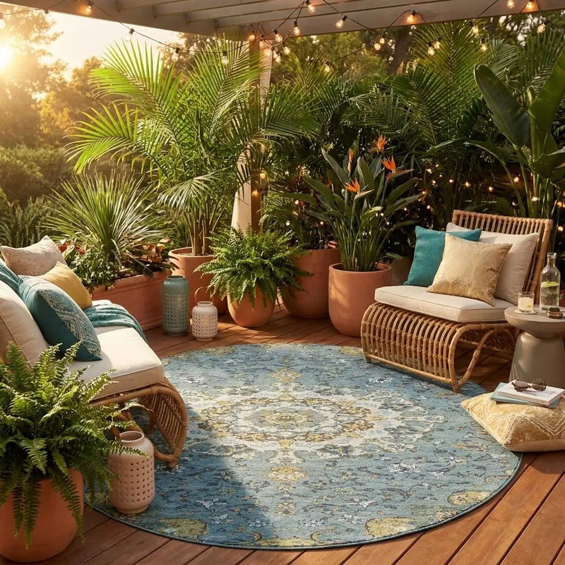 8' Teal Blue And Gold Round Floral Medallion Washable Indoor Outdoor Area Rug Homeroots Outdoor