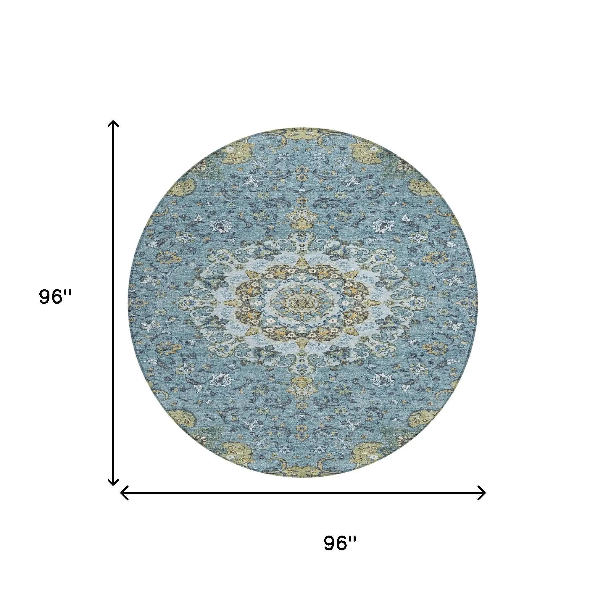 8' Teal Blue And Gold Round Floral Medallion Washable Indoor Outdoor Area Rug Homeroots Outdoor