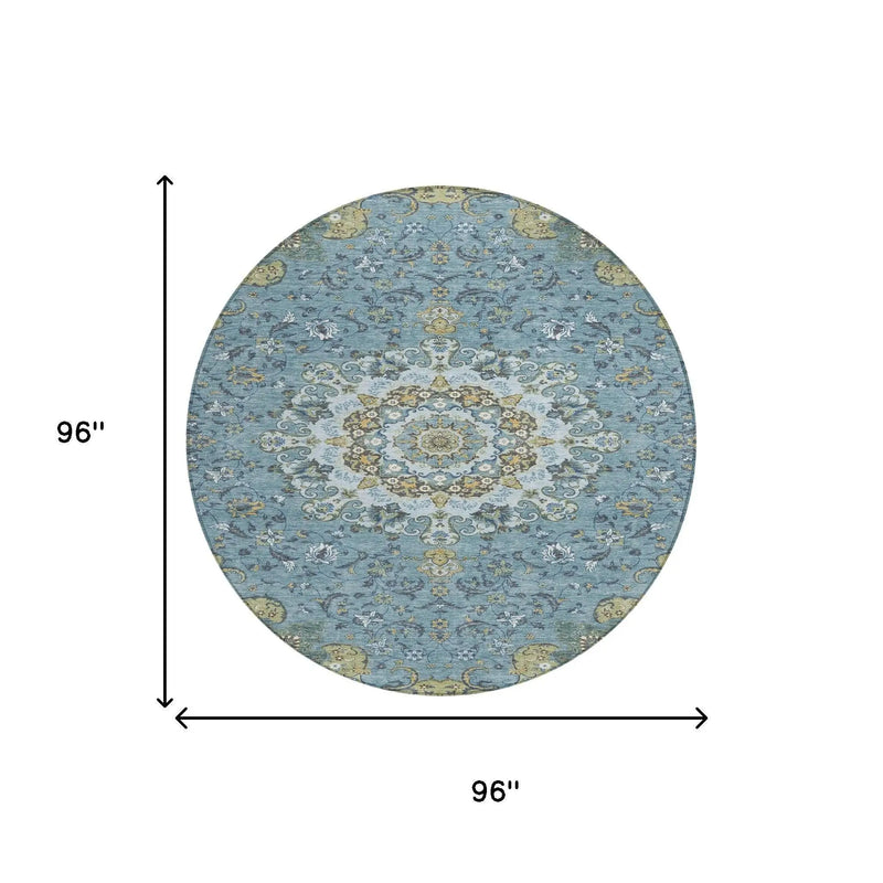 8' Teal Blue And Gold Round Floral Medallion Washable Indoor Outdoor Area Rug Homeroots Outdoor