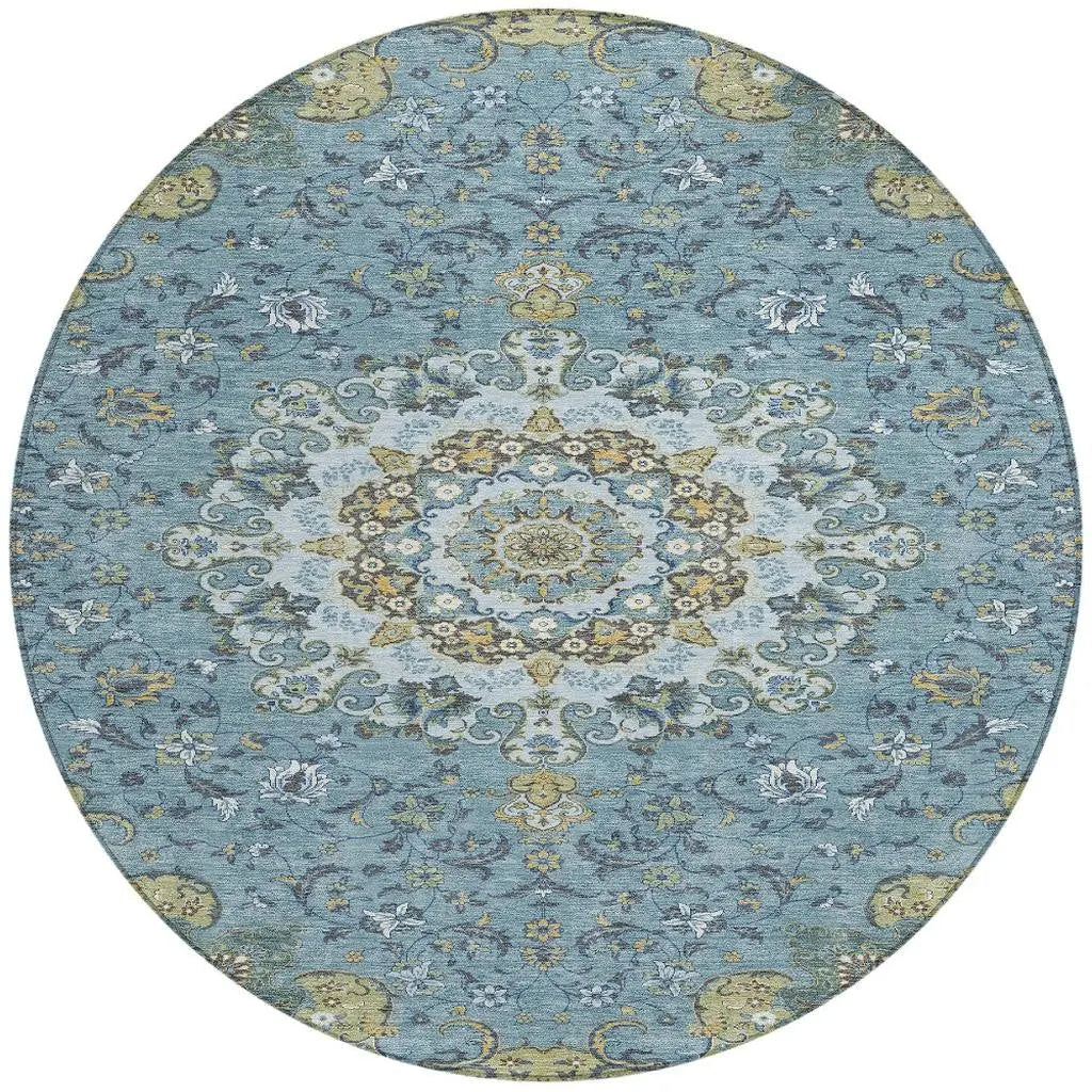 8' Teal Blue And Gold Round Floral Medallion Washable Indoor Outdoor Area Rug Homeroots Outdoor