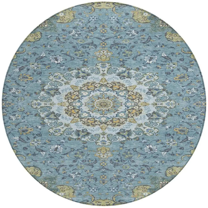 8' Teal Blue And Gold Round Floral Medallion Washable Indoor Outdoor Area Rug Homeroots Outdoor