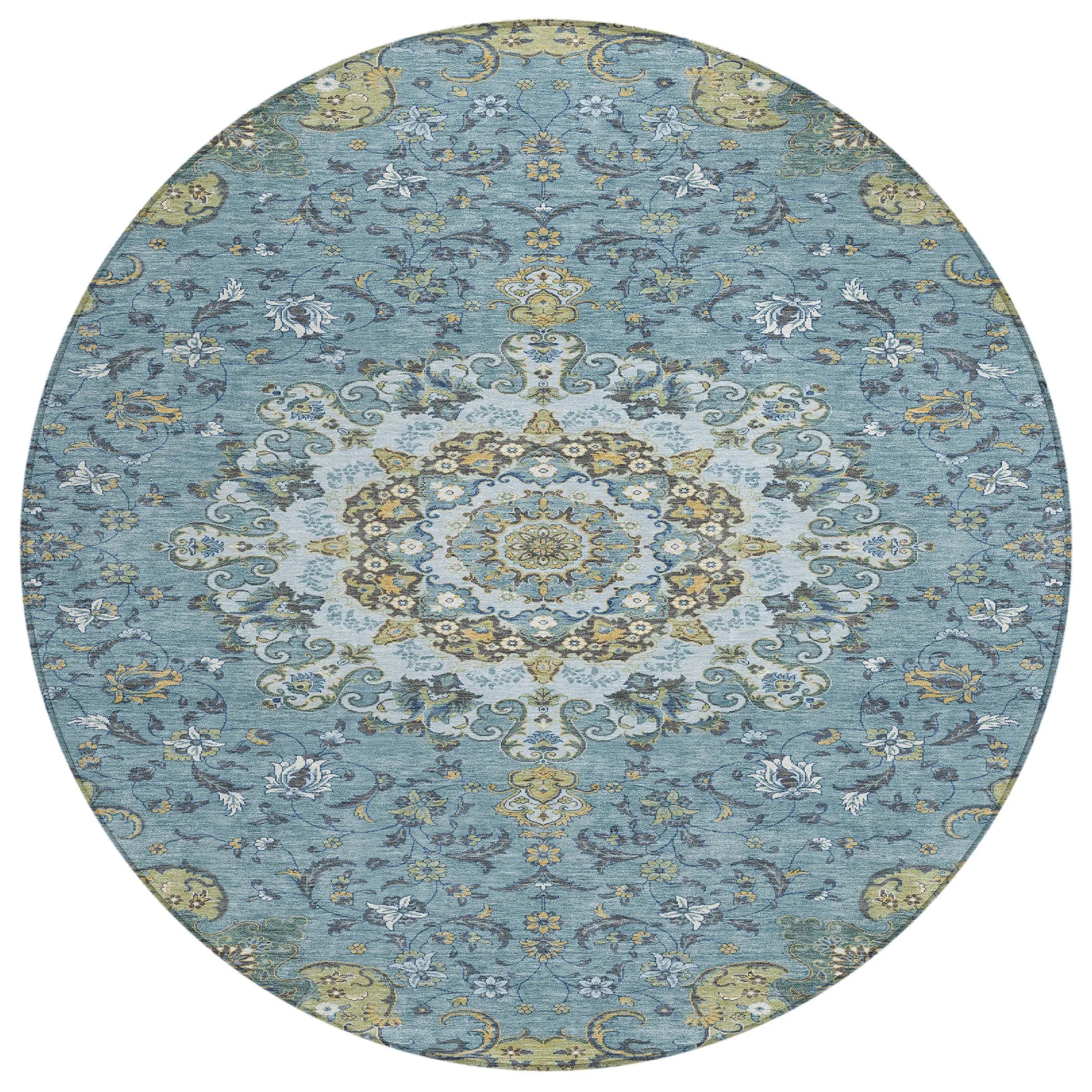 8' Teal Blue And Gold Round Floral Medallion Washable Indoor Outdoor Area Rug Homeroots Outdoor