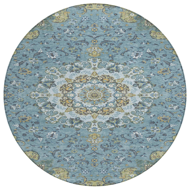 8' Teal Blue And Gold Round Floral Medallion Washable Indoor Outdoor Area Rug Homeroots Outdoor