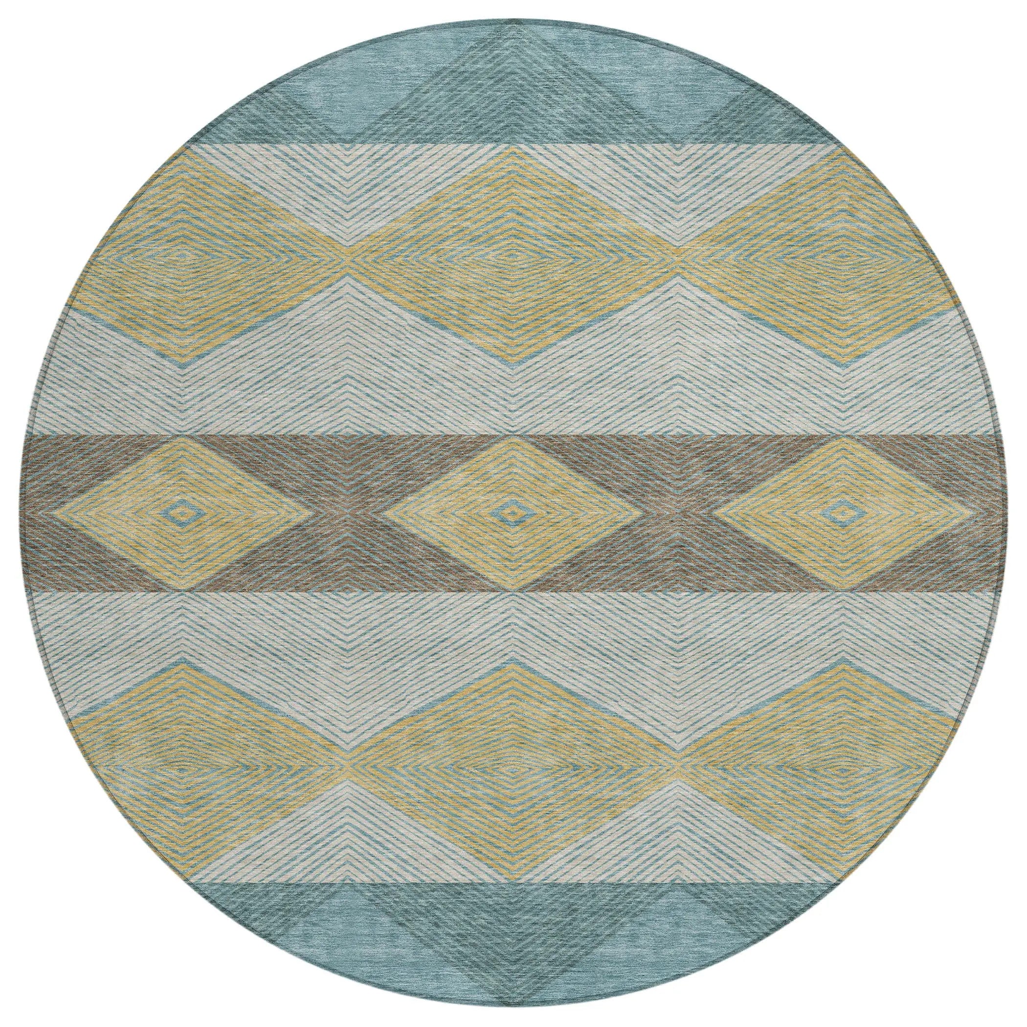 8' Teal Blue And Gold Round Geometric Washable Indoor Outdoor Area Rug Homeroots Outdoor