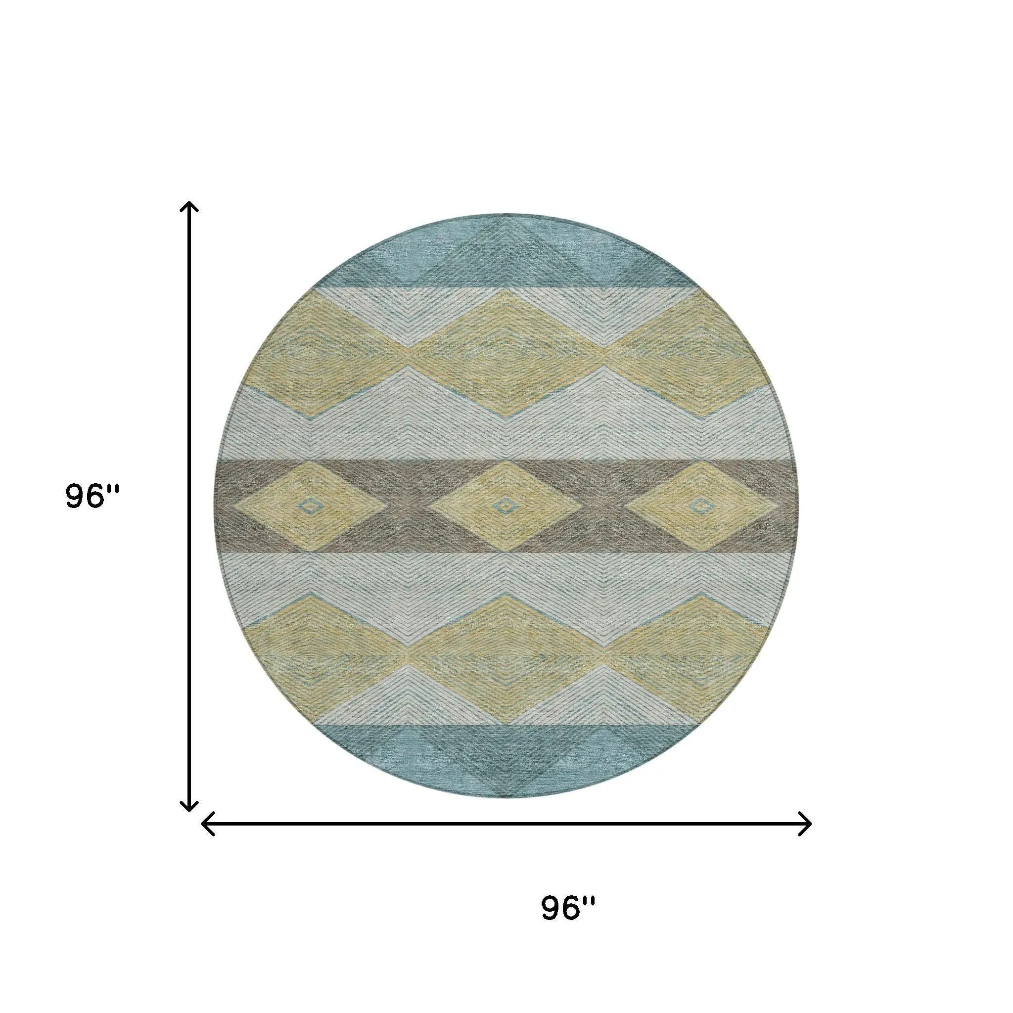 8' Teal Blue And Gold Round Geometric Washable Indoor Outdoor Area Rug Homeroots Outdoor