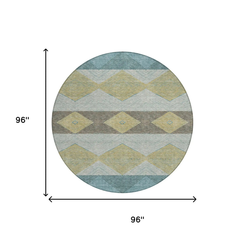 8' Teal Blue And Gold Round Geometric Washable Indoor Outdoor Area Rug Homeroots Outdoor