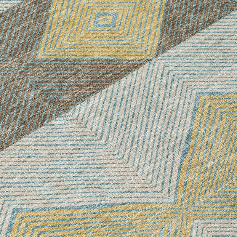 8' Teal Blue And Gold Round Geometric Washable Indoor Outdoor Area Rug Homeroots Outdoor