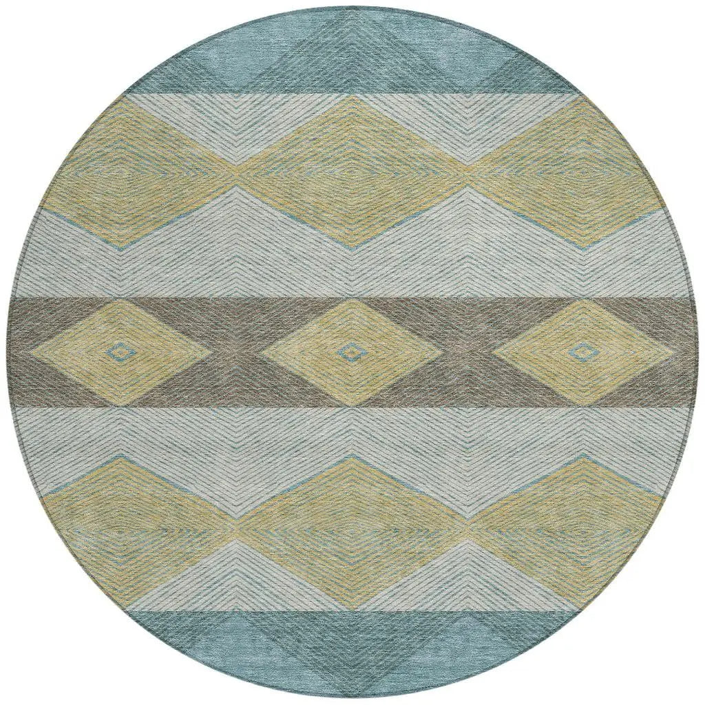 8' Teal Blue And Gold Round Geometric Washable Indoor Outdoor Area Rug Homeroots Outdoor
